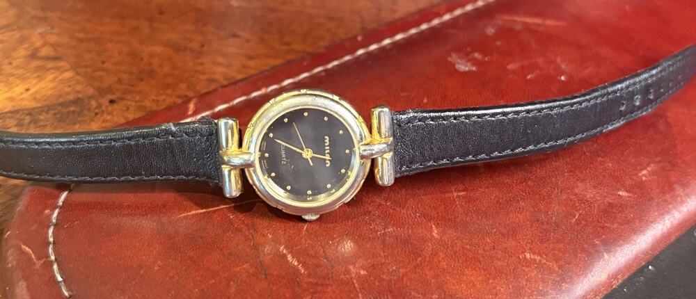 Milan Ladies Quartz Watch, Gold Tone with Black Face and Leather Band